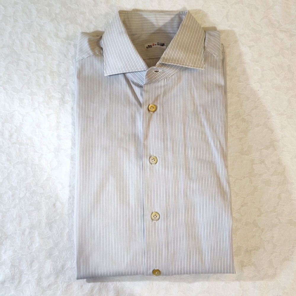 Kiton Grey & White Stripped Shirt Size 17.5 / 44 Made in Italy With French Cuff